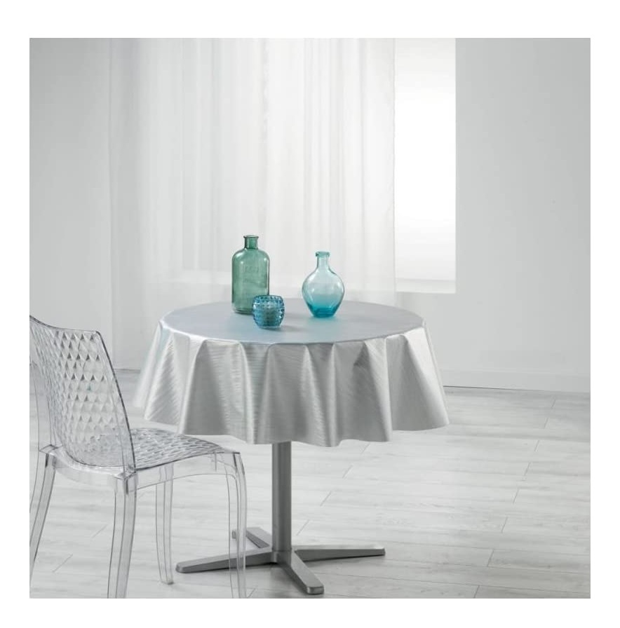 Nappe ronde PVC D 160 cm metalise Wavy blanc argent