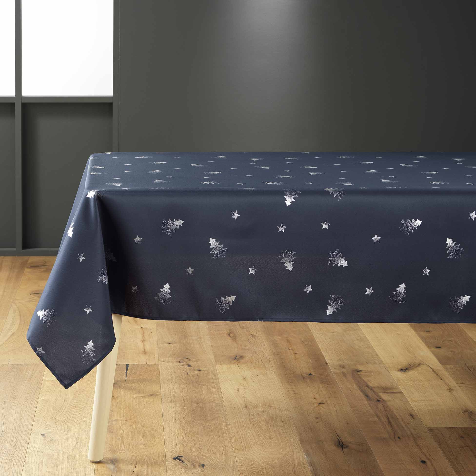 Nappe rectangle 150 x 300 cm Sapin de Noel bleu marine