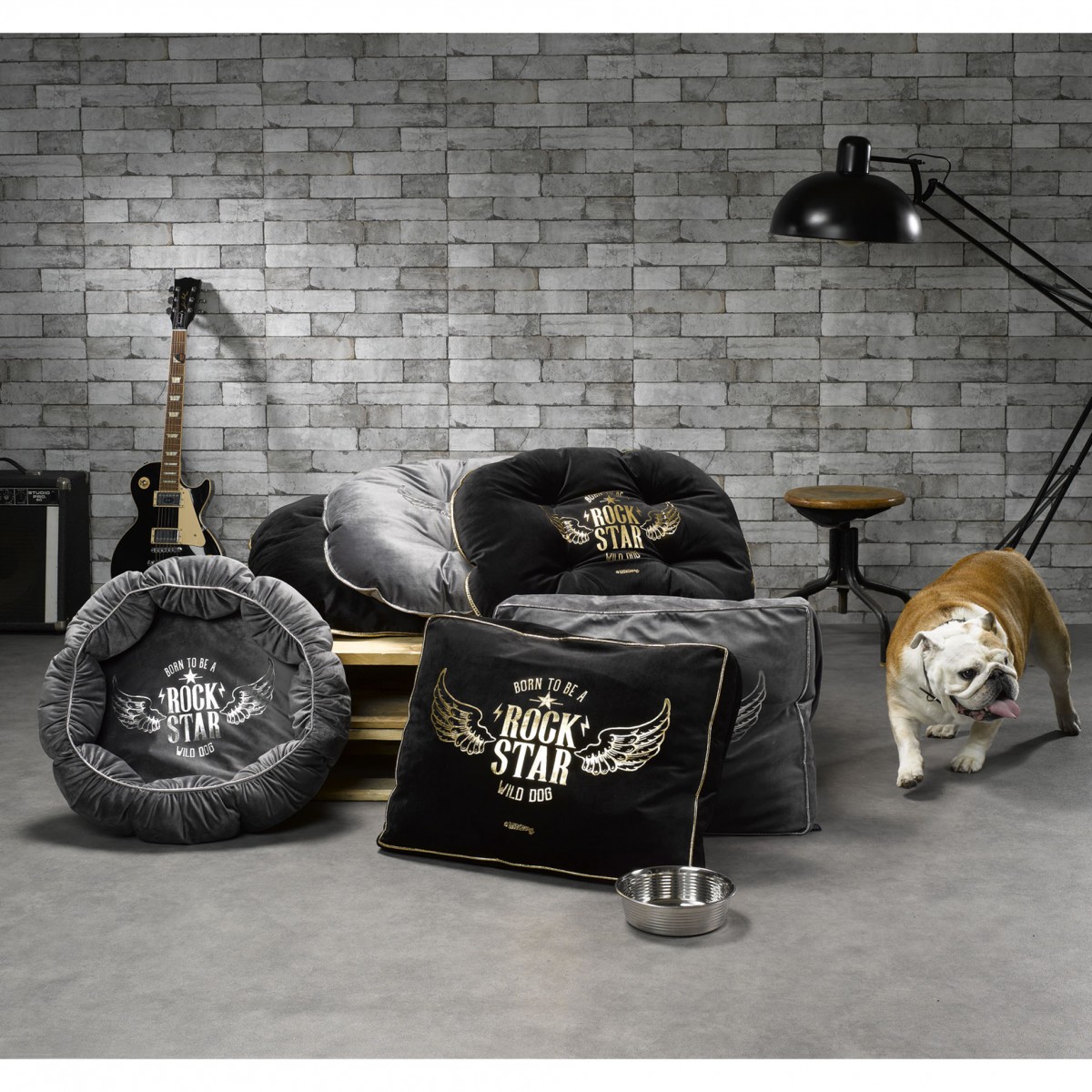 Coussin rectangle pour chien Rock Star noir 60x45cm