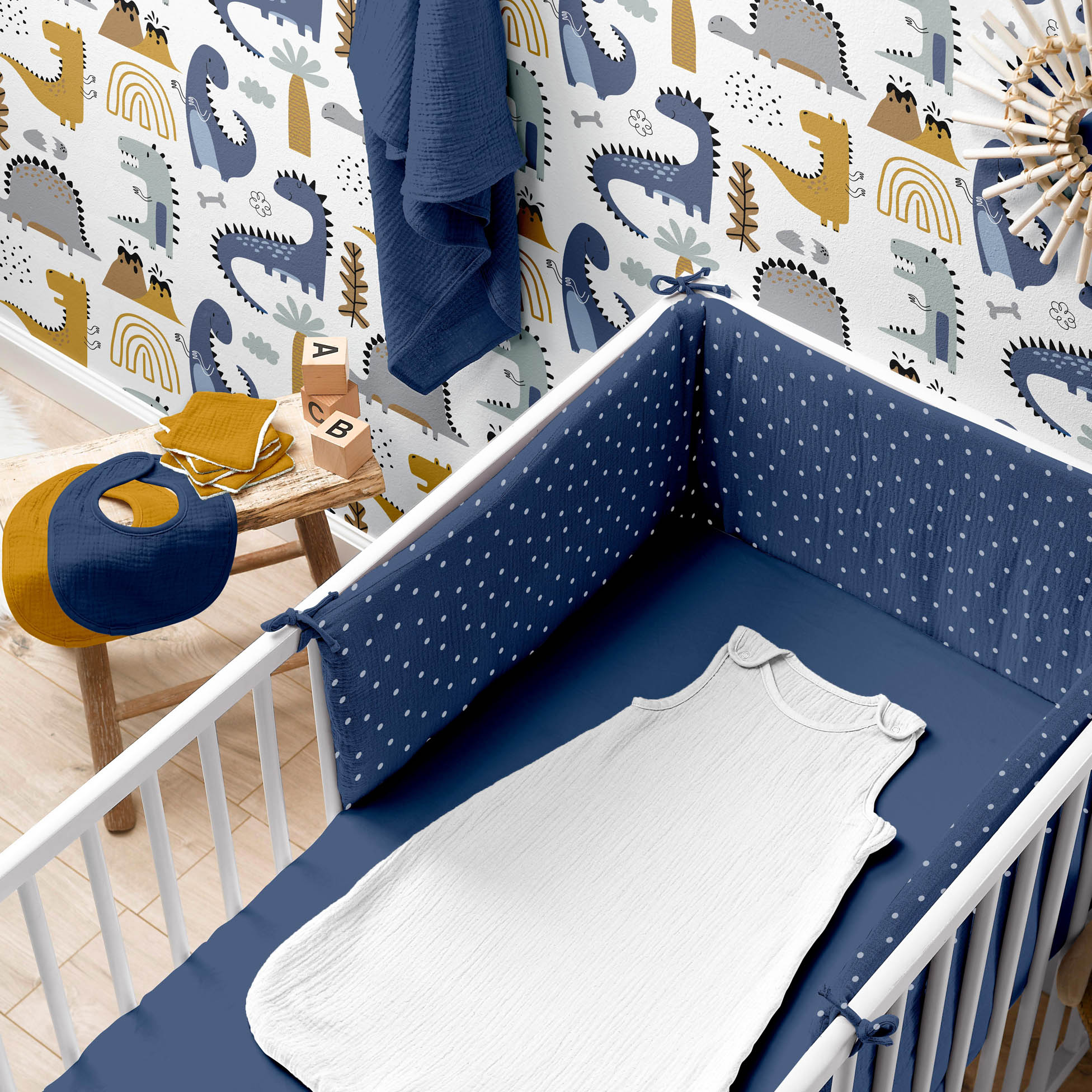 Drap housse gaze coton 60 x 120 cm tendance uni bebe bleu