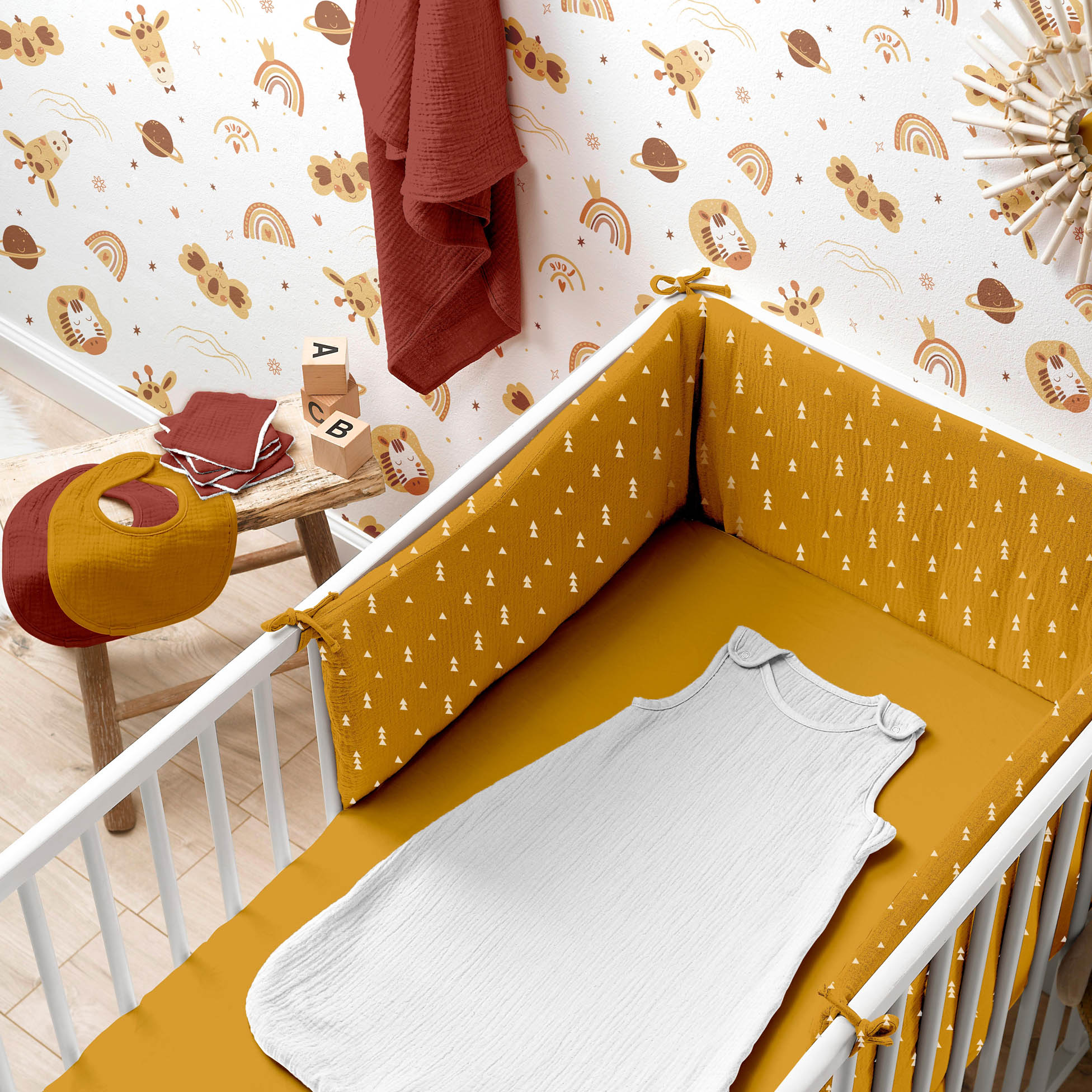 Drap housse gaze coton 60 x 120 cm tendance uni bebe jaune