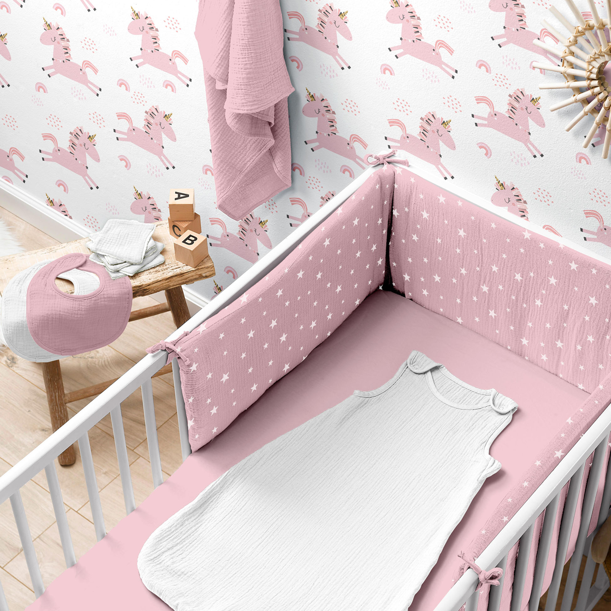 Drap housse gaze coton 60 x 120 cm tendance uni bebe rose