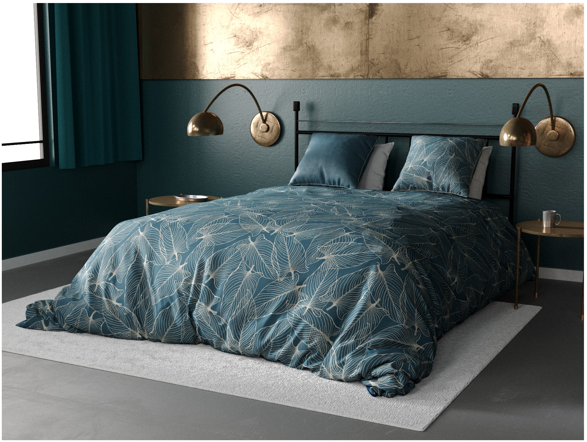 Housse de couette + 2 taies percale Feuille de bahico