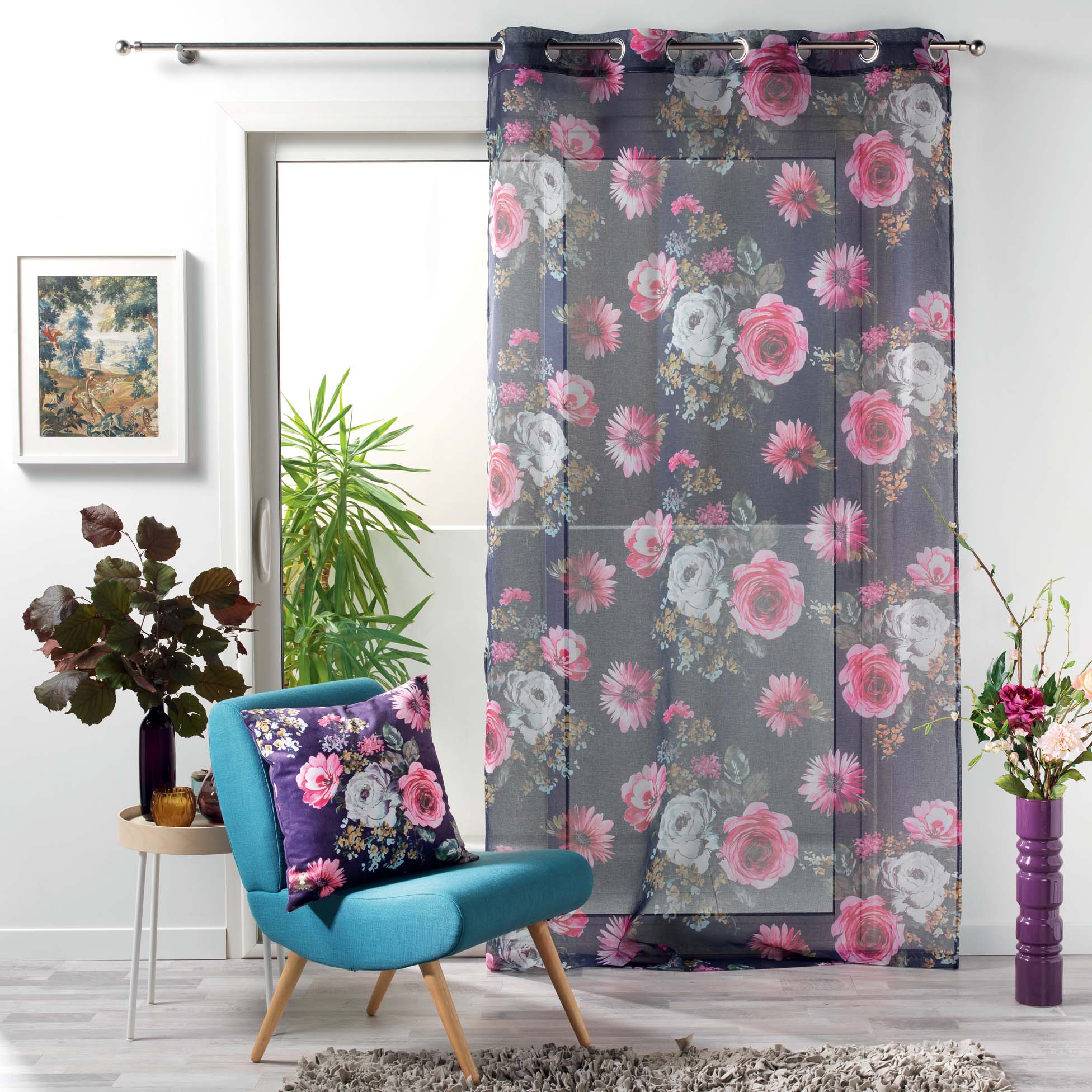 Panneau a oeillets rideau Voile 140 x 240 cm Flowers prune