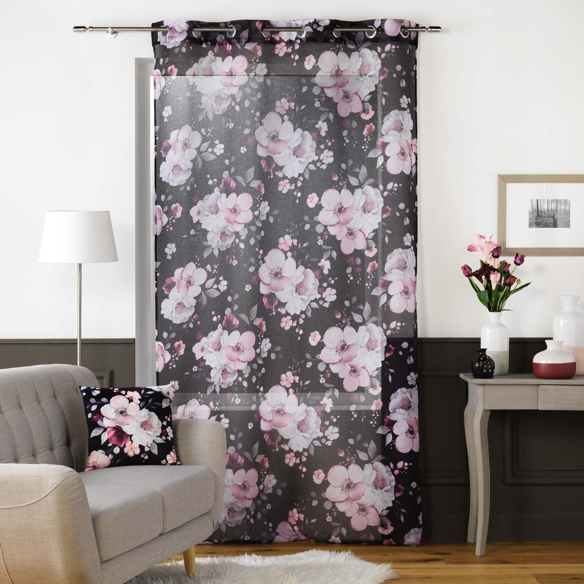 Rideau panneau a oeillets Voile 140 x 280 cm Bouquet de fleurs noir