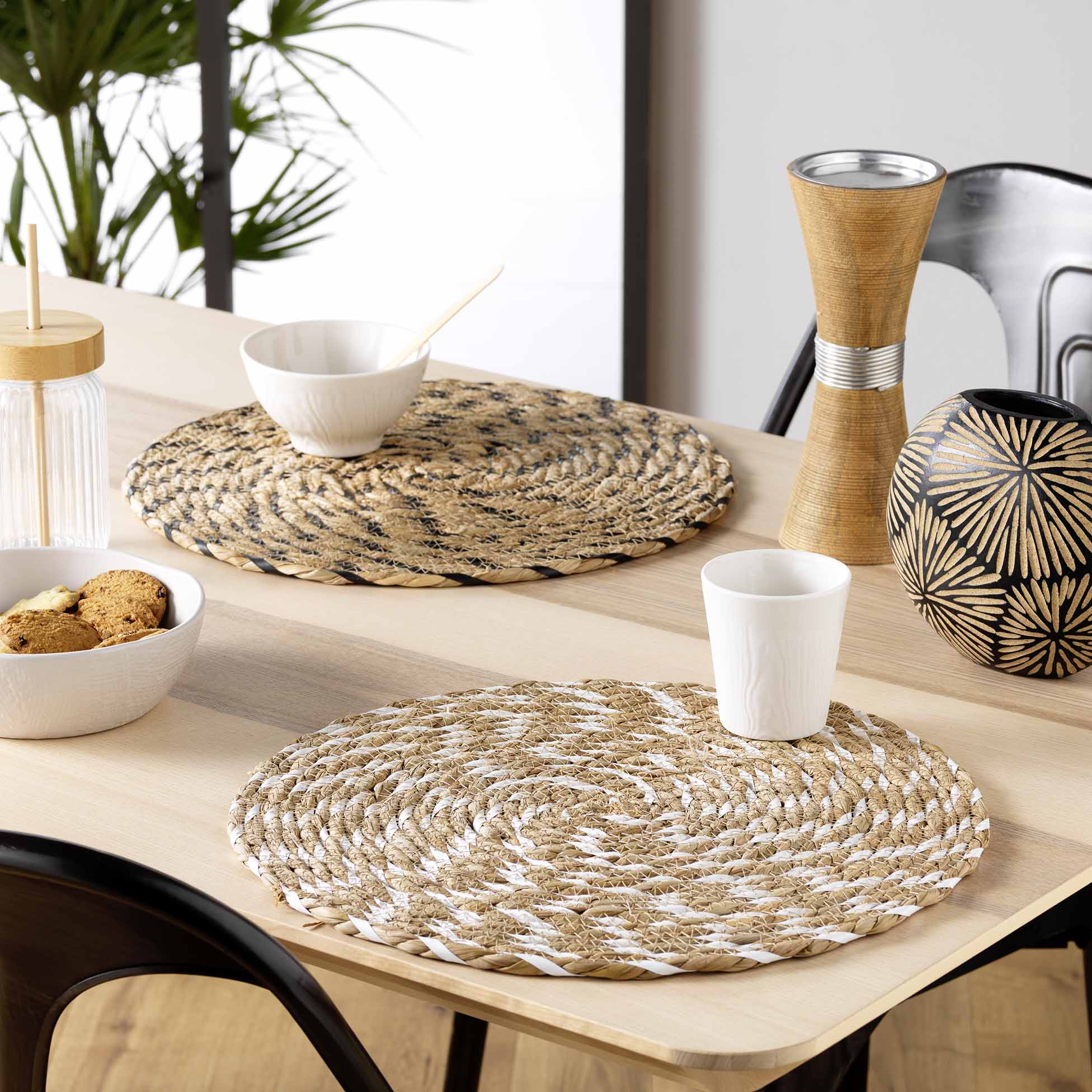 Set de table paille rond 38 cm Nala blanc