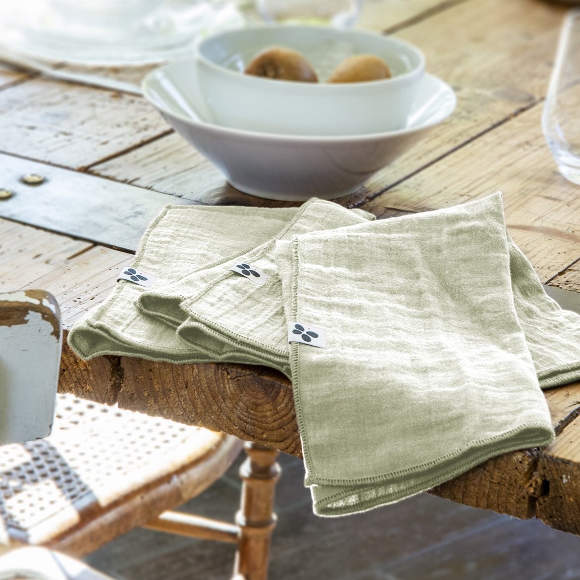 3 Serviettes de table en gaze de coton Vert d'eau