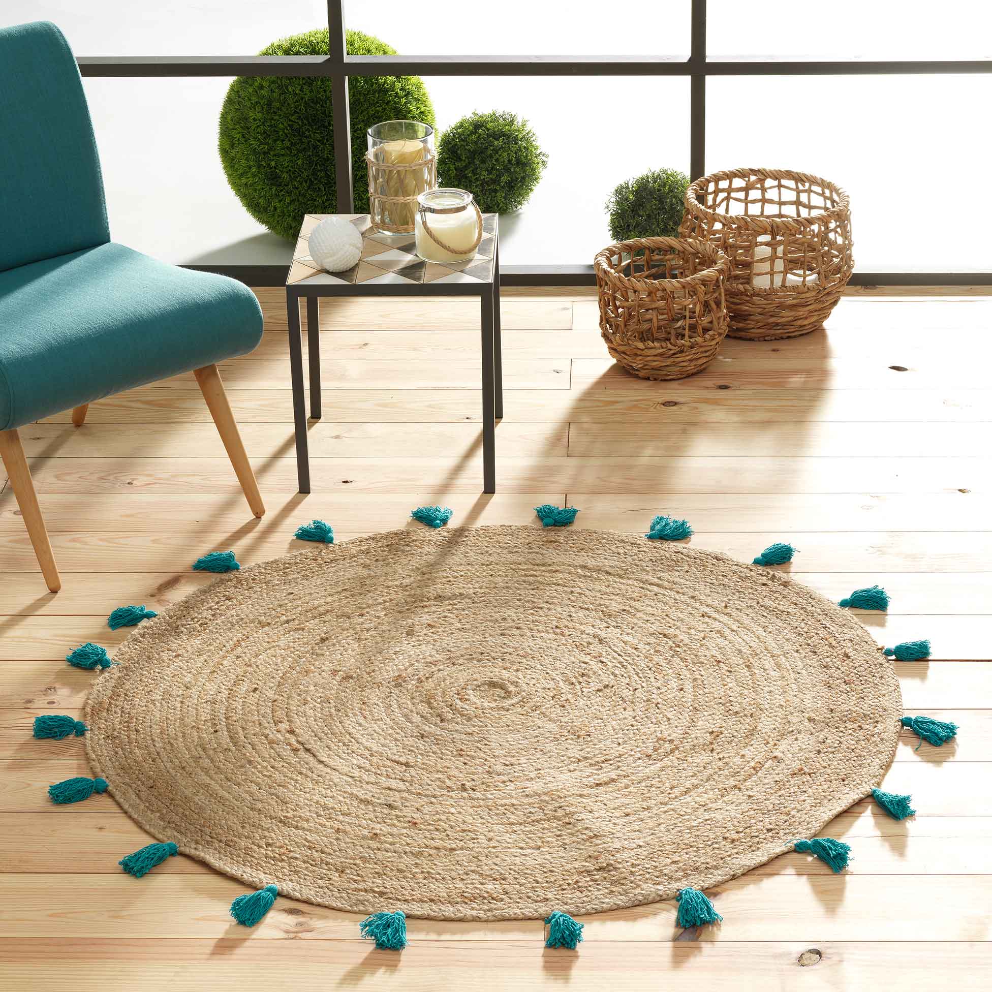 Tapis rond jute 120 cm Shira turquoise