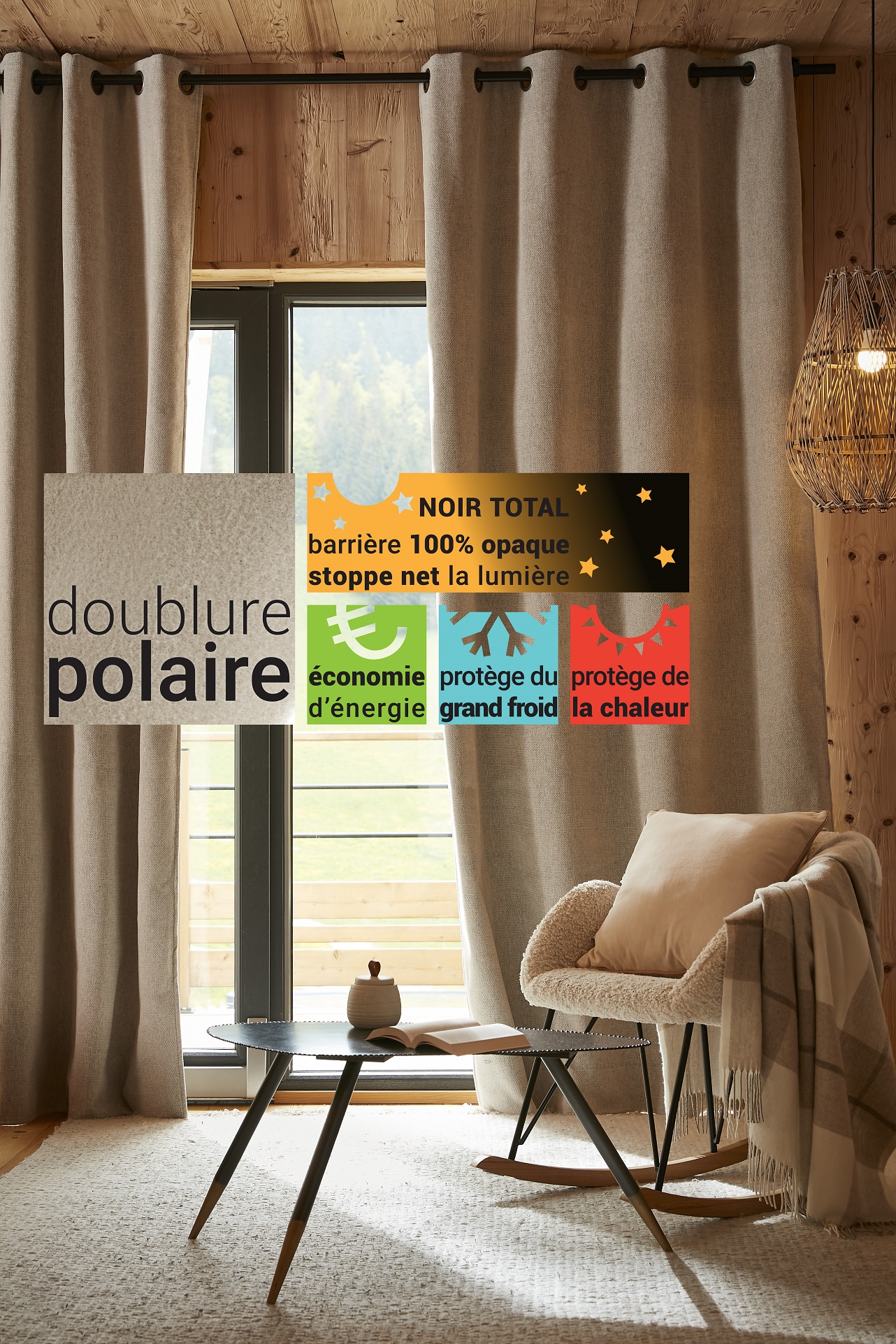 Rideau occultant phonique et thermique doublé polaire Bjorn 100% opaque  Taille de rideaux Panneau Occultant + Polaire 140 x 180 cm Couleur Bjorn  Minuit