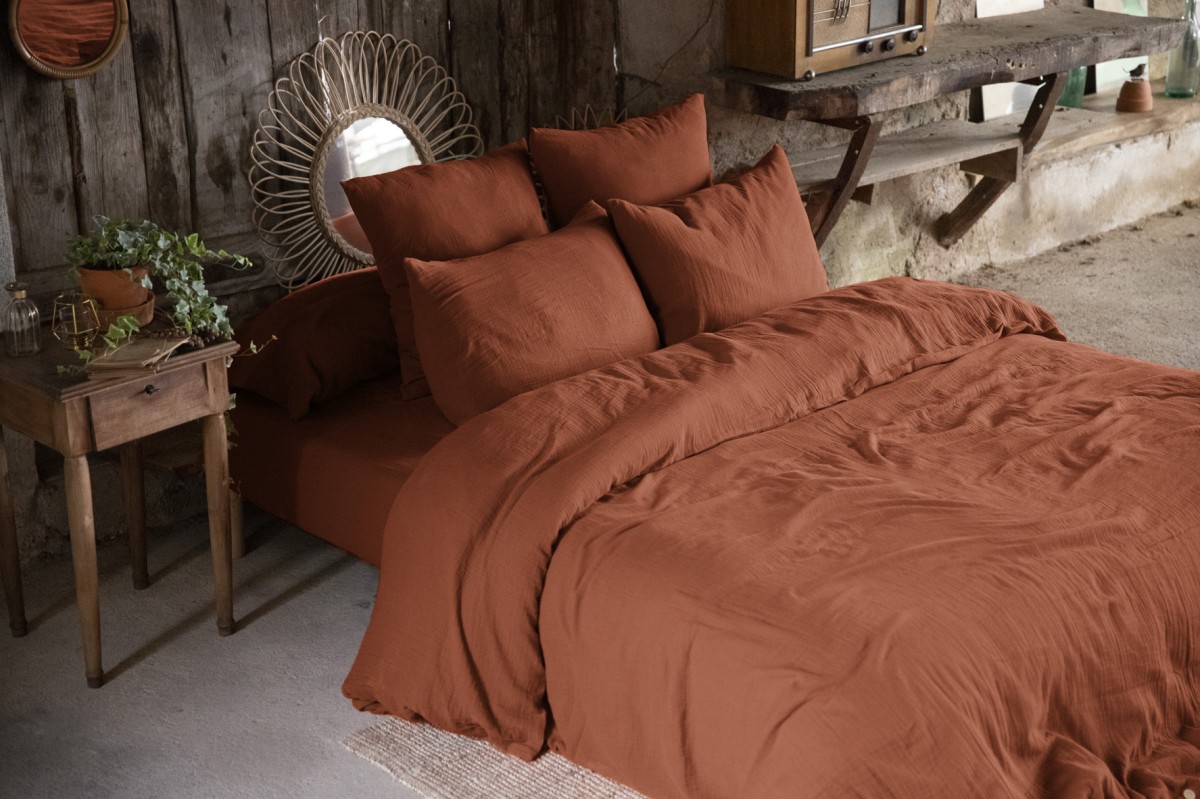 Housse de couette Double Gaze Coton Gaia Terracotta 260x240cm