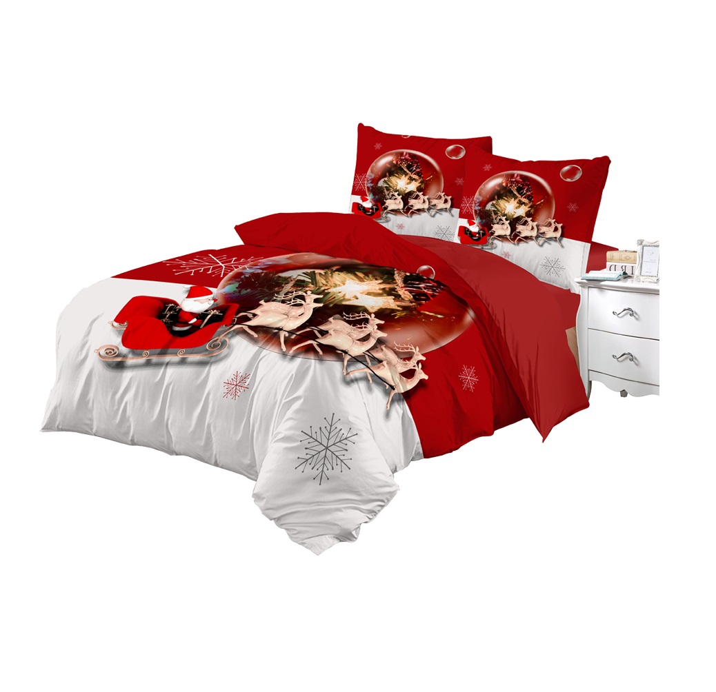 Housse de couette + taies 200 x 200 cm + drap housse Rennes de noel et traineau