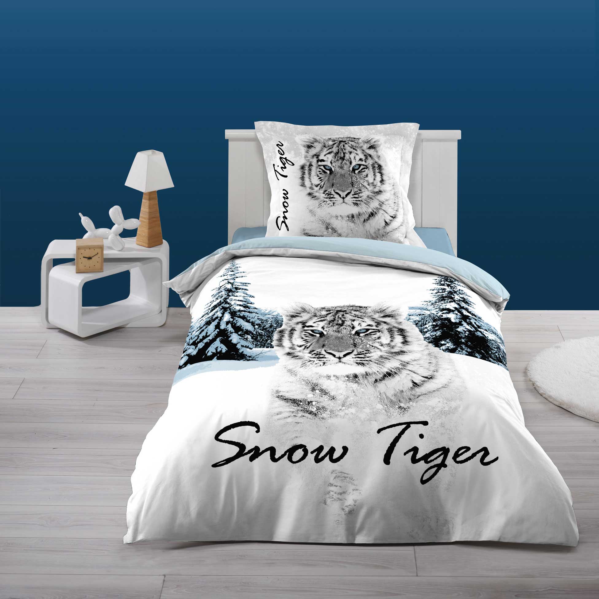Parure flanelle housse + taie 140x200cm Tigre dans la neige
