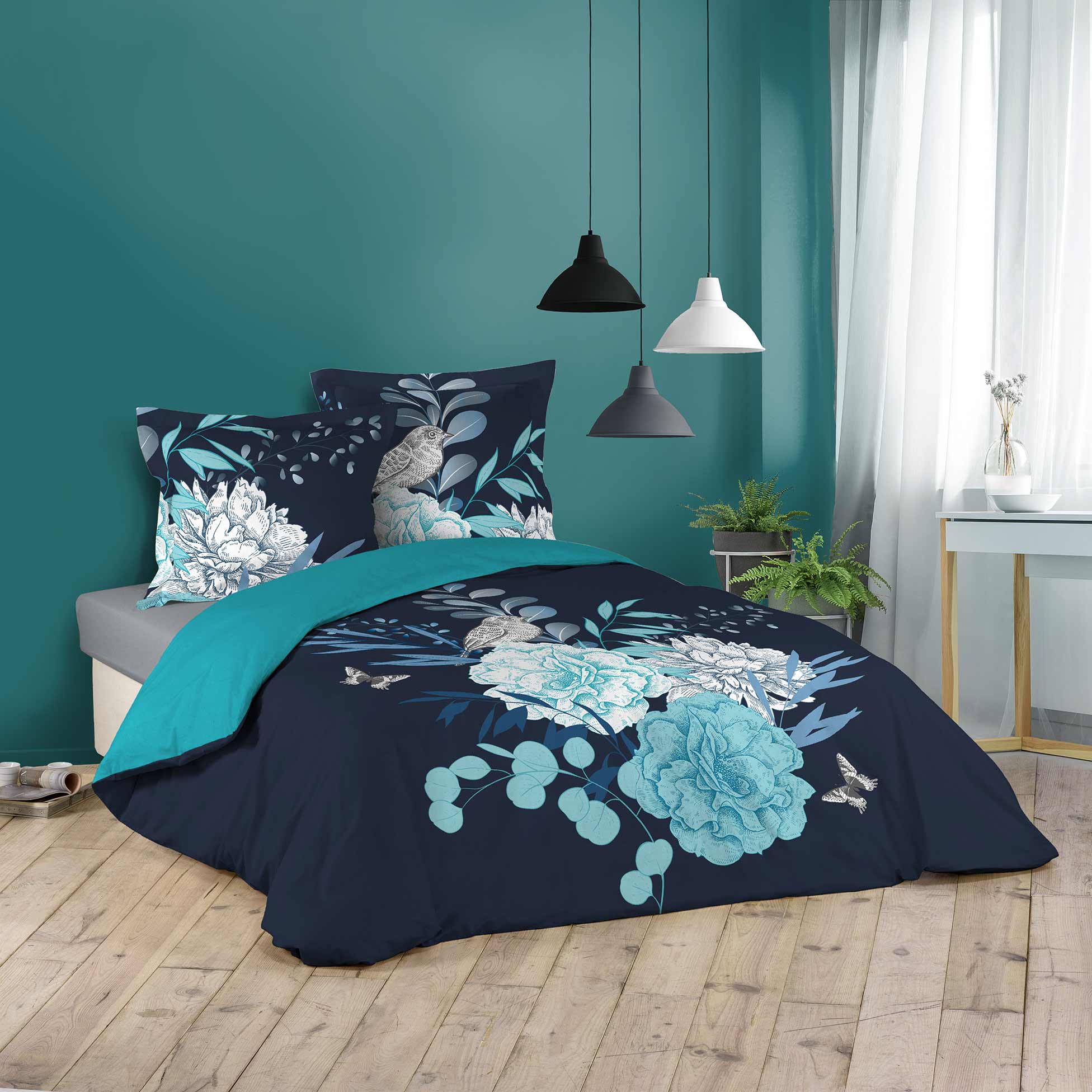 Parure housse couette 240x220 cm Douceur Florale bleu