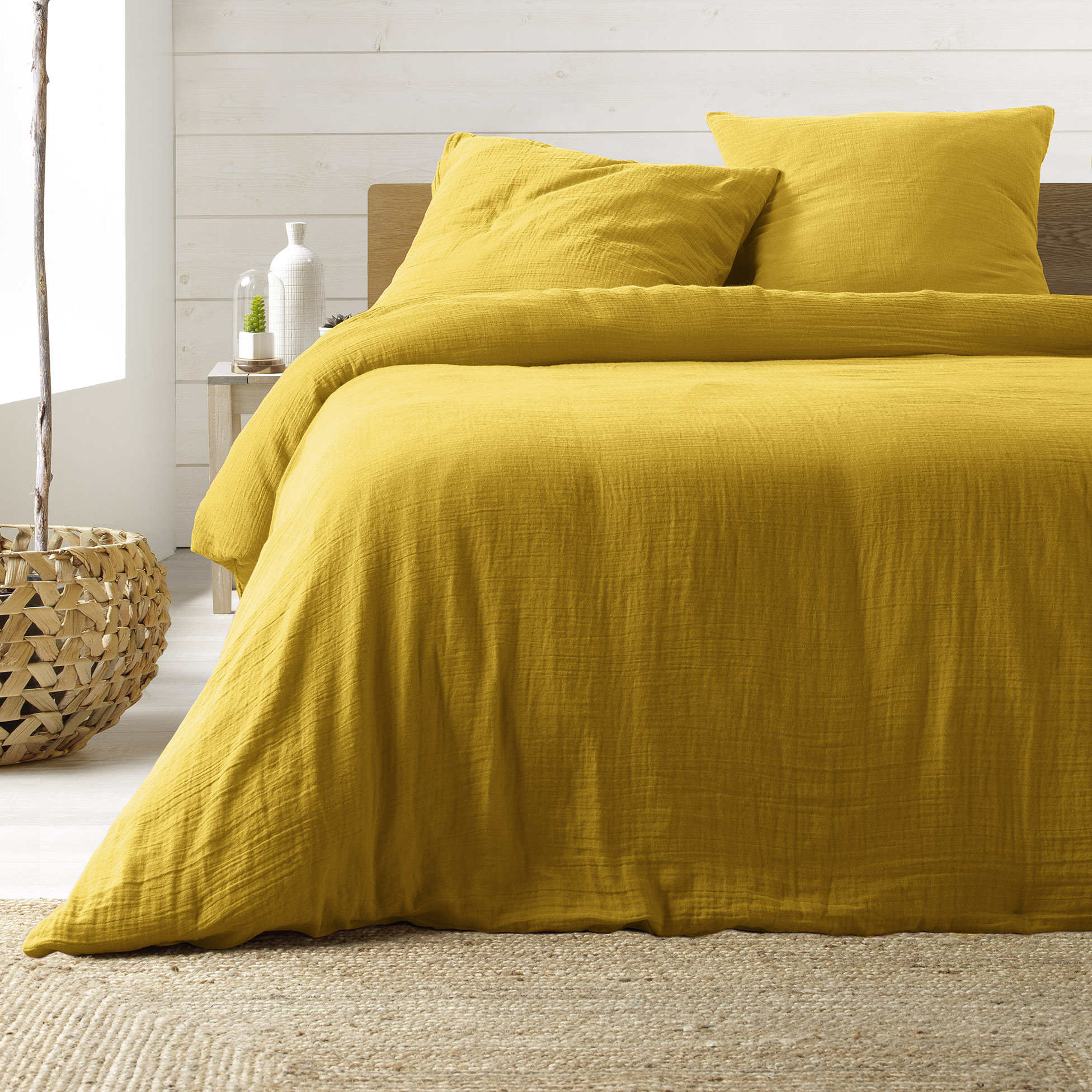 Housse de couette + 2 taies double gaze de coton Angeliase 220x240cm jaune