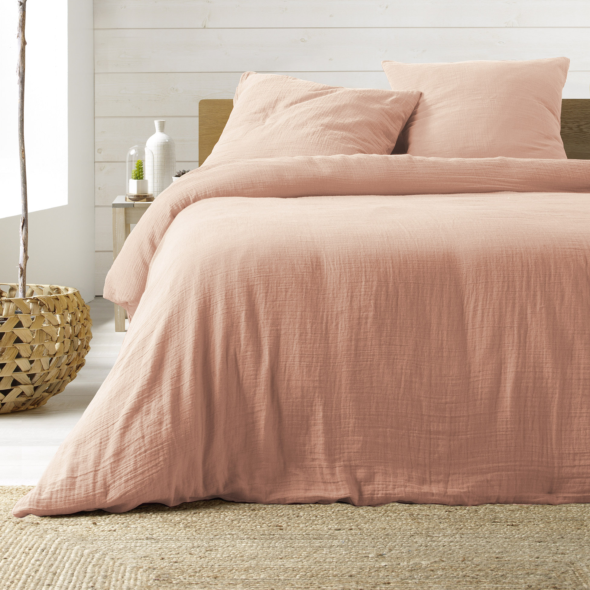 Housse de couette + 2 taies double gaze de coton Angeliase 240x260cm rose