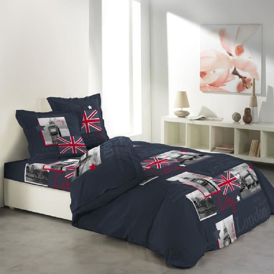 Parure 4 pièces drap plat / drap housse 140 x 190 cm 2 taies City London