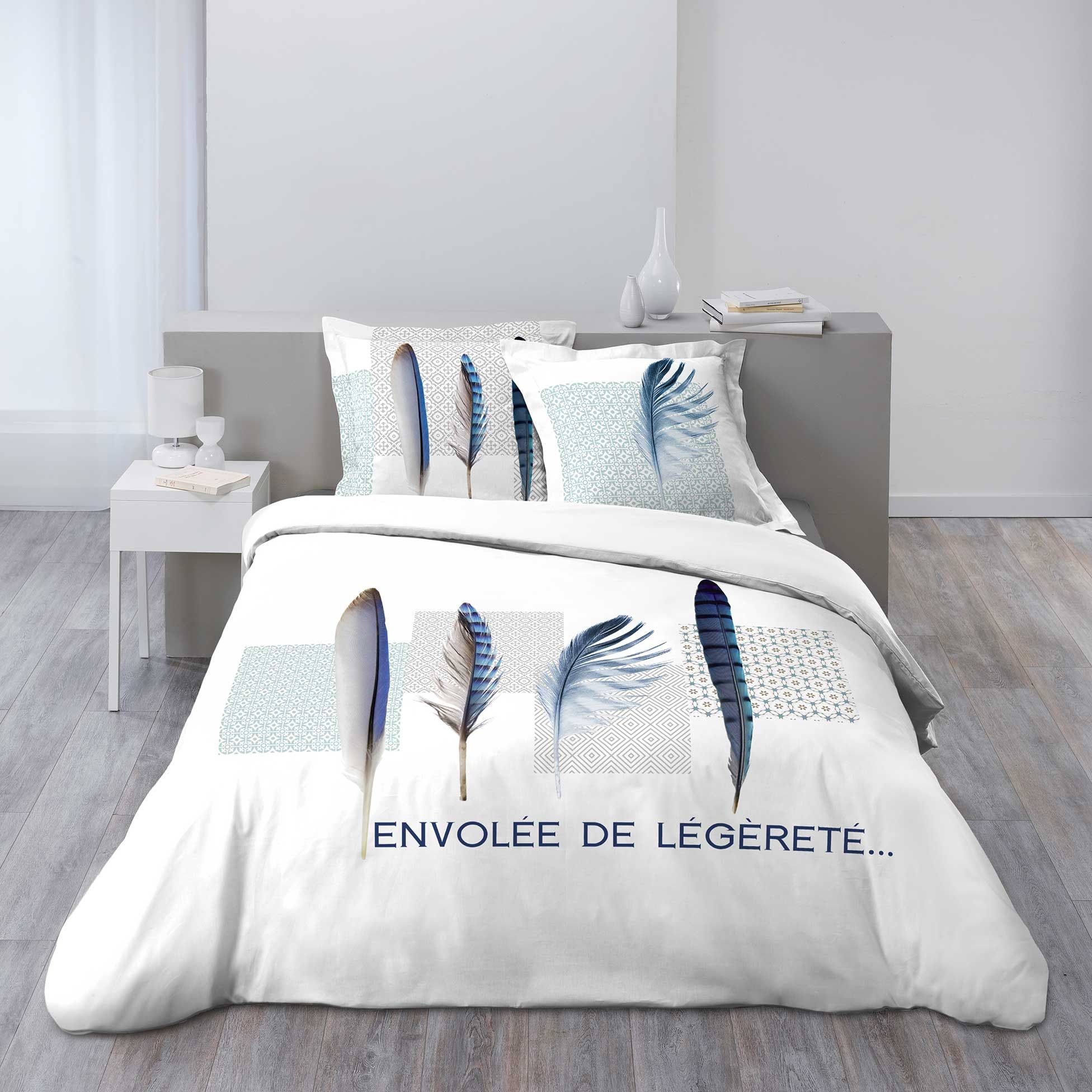 Parure housse de couette 260 x 240 cm Modele Plume Bleue