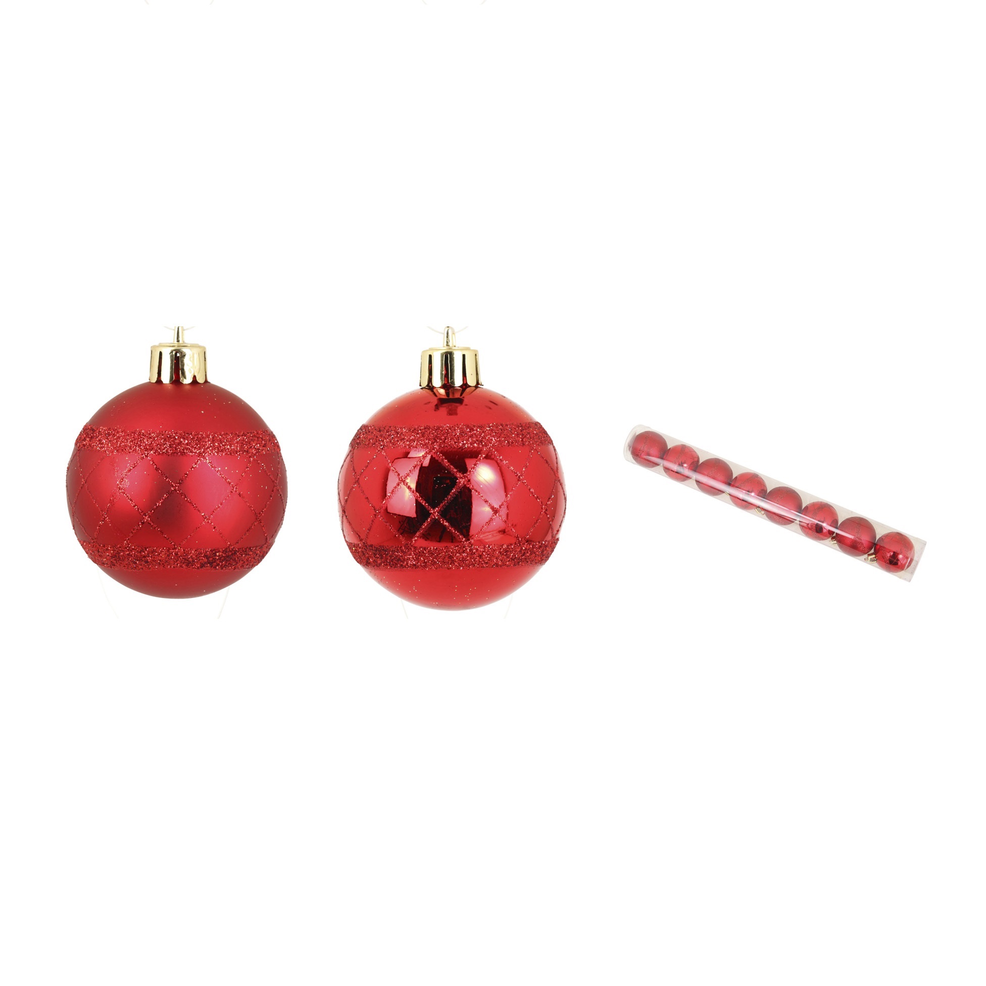 Set de 8 boules decor carreaux de noel rouge