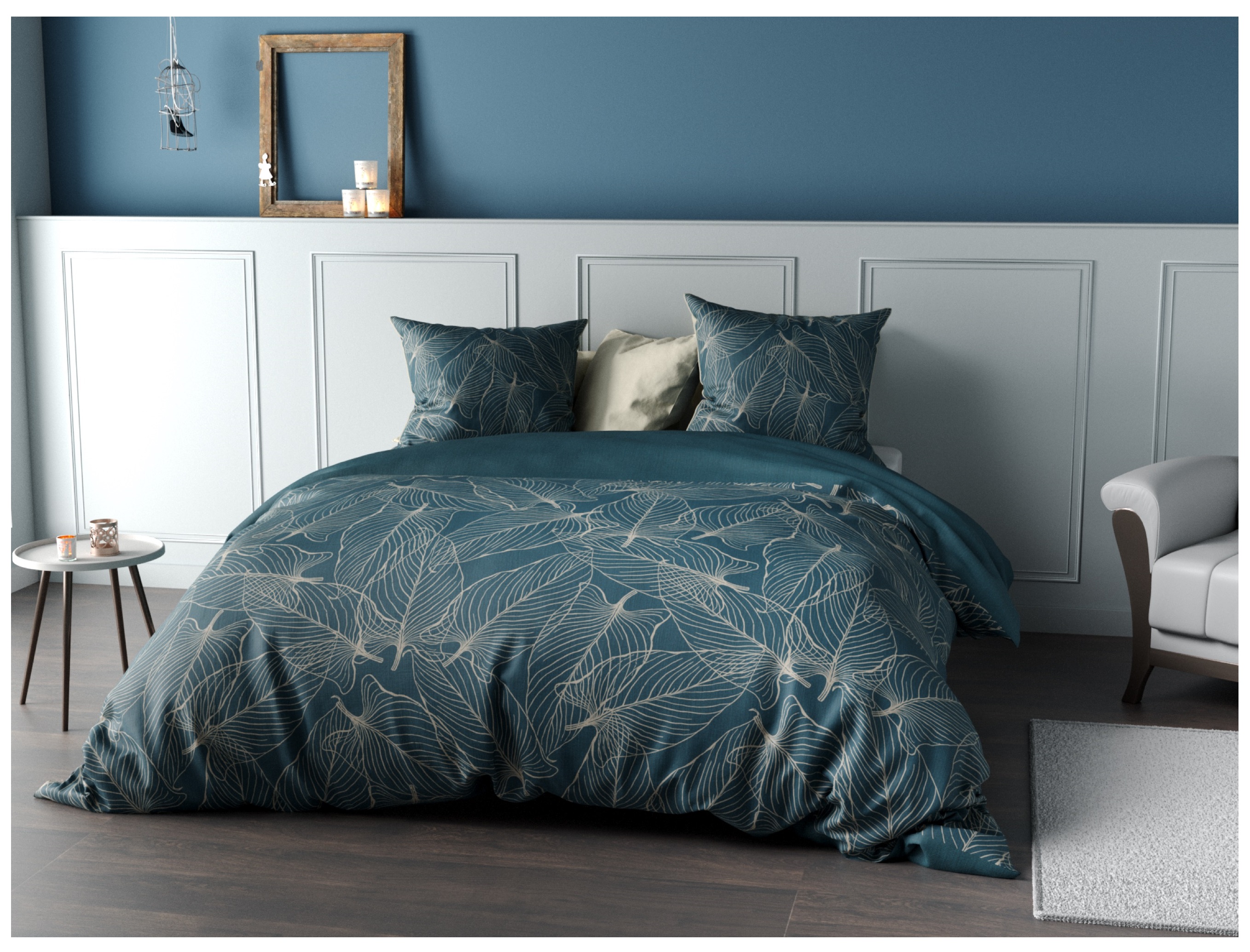 Housse de couette + 2 taies percale Feuille de bahico