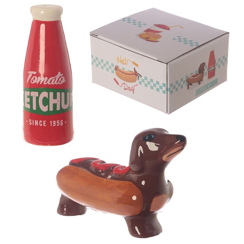 Salire et poivrire cramique Fast Food Hot Dog Teckel Chien Saucisse Ketchup