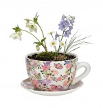 Vase ou pot de fleurs en forme de tasse fleurs et papillons 23 x 25 cm