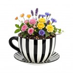 Vase ou pot de fleurs en forme de tasse ray�e noir et blanc 23 x 25 cm
