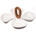 Plat de prsentation en cramique  4 compartiments  28 x 28 cm  Blanc & bois