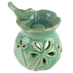 Br�leur � huile en c�ramique avec oiseau vert et fleur